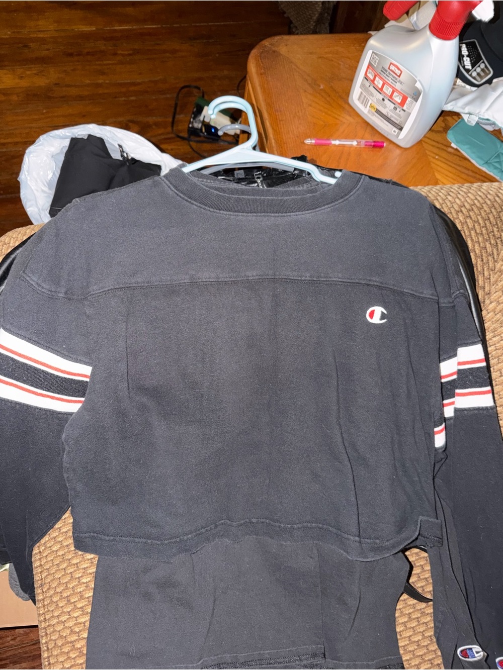 Champion Black Crew Sweatshirt with Red & White Sleeve Stripes